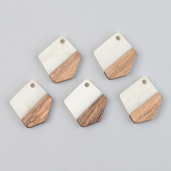 Opaque Resin & Walnut Wood Pendants, Polygon, Floral White, 21x18.5x3mm, Hole: 2mm