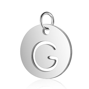 304 Stainless Steel Charms, Flat Round with Letter, Stainless Steel Color, Letter.G, 12x1mm, Hole: 2.5mm