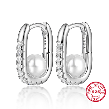 Rhodium Plated 925 Sterling Silver Rhinestone Oval Hoop Earrings, with Imitation Pearl, with S925 Stamp, Platinum, 14x10mm