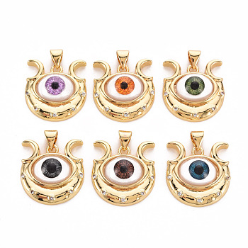 Brass Micro Pave Clear Cubic Zirconia Pendants, with Resin Eye, Cadmium Free & Nickel Free & Lead Free, Real 16K Gold Plated, Mixed Color, 20x19x7mm, Hole: 5x3mm