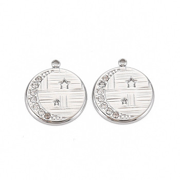 304 Stainless Steel Pendants, with Crystal Rhinestone, Flat Round with Star, Stainless Steel Color, 19x16.5x1.5mm, Hole: 1.6mm