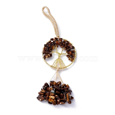 Wire Wrapped Chips Natural Tiger Eye Big Pendant Decorations(HJEW-H057-03C)-2