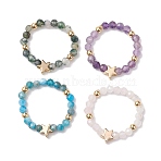 Round Natural Apatite & Green Aventurine & Amethyst & Moss Agate Beads Stretch Rings for Women, with Brass Beads, Star, 3.5mm, Inner Diameter: 18.5mm, 4pcs/set(RJEW-JR00714-02)