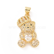 Brass Cubic Zirconia Pendants, Golden, Bear with Heart Charm, Clear, 26x15x10mm, Hole: 4x4.5mm(ZIRC-K089-12G-01)