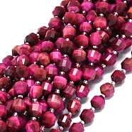 Natural Tiger Eye Beads Strands, with Seed Beads, Faceted, Bicone, Double Terminated Point Prism Beads, Dyed & Heated, Deep Pink, 9~10.5x8~10mm, Hole: 0.8mm, about 31pcs/strand, 15.16 inch(38.5cm)(G-O201B-83)