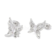 Brass Pave Clear Cubic Zirconia Stud Earring Findings, Butterfly, Platinum, 15x13.5mm, Pin: 0.5mm and 1mm(KK-F875-06P)