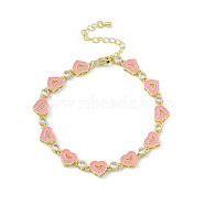 Pink Enamel Heart & Cubic Zirconia Link Chain Bracelet, Brass Jewelry for Women, Golden, 7-5/8 inch(19.4cm)(BJEW-P288-14G)