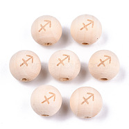 Unfinished Natural Wood European Beads, Large Hole Beads, Laser Engraved Pattern, Round with Constellation, Sagittarius, 15~16x14~15mm, Hole: 4mm(WOOD-S045-142A-01)
