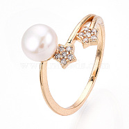 Stars Natural Pearl Finger Ring with Cubic Zirconia, Brass Finger Rings, Real 18K Gold Plated, US Size 7(17.3mm)(PEAR-N020-06K)
