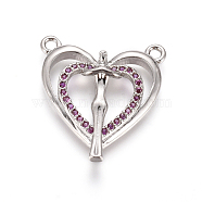Brass Micro Pave Cubic Zirconia Links connectors, Heart with Human, Deep Pink, Platinum, 19.5x17.5x3mm, Hole: 1.4mm(ZIRC-L085-18P)
