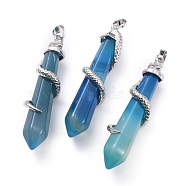 Natural Agate Big Pointed Pendants, with Platinum Plated Brass Bails, Faceted, Bullet with Snake, Dyed & Heated, Steel Blue, 59~61.5x11~12x11~12mm, Hole: 5x8mm(G-F696-B12)