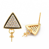 Brass Micro Pave Clear Cubic Zirconia Stud Earring Findings, for Half Drilled Bead, Nickel Free, with Enamel, Real 18K Gold Plated, Triangle, Black, 19x11.5mm, Pin: 0.7mm, Pin: 0.7mm(for half drilled beads)(KK-N233-130-NF)