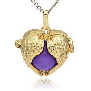Golden Tone Brass Hollow Heart Cage Pendants, with No Hole Spray Painted Brass Ball Beads, Blue Violet, 28x30x16mm, Hole: 3x8mm(KK-J241-04G)