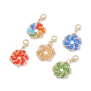 Imitate Austrian Crystal Bicone Glass Pendant Decoration, Flower Glass Seed Beads Charms, with Zinc Alloy Lobster Claw Clasps, Mixed Color, 34mm, Flower: 20x21x3.5mm(HJEW-JM00783)