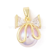 Brass Glass Pendants, with ABS Imitation Pearl, Bowknot with Teardrop Charm, Real 18K Gold Plated, 15x12.5x11mm, Hole: 5x2.5mm(KK-F877-14G)