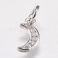 Brass Micro Pave Cubic Zirconia Charms, Moon, Platinum, 9x5x1mm, Hole: 3.5mm