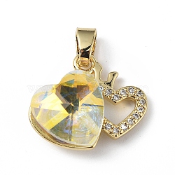 Real 18K Gold Plated Rack Plating Brass Micro Pave Clear Cubic Zirconia Pendants, with Glass, Long-Lasting Plated, Cadmium Free & Lead Free, Heart Charm, Yellow, 16x19.5x8mm, Hole: 5x3.2mm(KK-C015-18G-03)