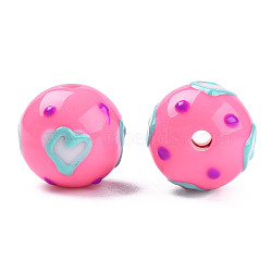 Opaque Acrylic Beads, with Enamel, Round with Heart, Hot Pink, 15.5~16x15mm, Hole: 2.5mm(ACRC-N002-03-03)
