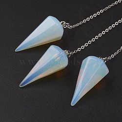Opalite Hexagonal Pointed Dowsing Pendulums, with Brass Cross Chains, Cone, Platinum, Lead Free & Nickel Free, 8-1/4 inch(215mm)(X-G-G956-D09-FF)