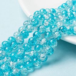 Baking Painted Crackle Glass Bead Strands, Two Tone, Round, Dark Turquoise, 8mm, Hole: 1.3~1.6mm, about 100pcs/strand, 31.4 inch(CCG-S001-8mm-06)
