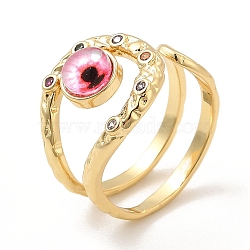 Resin Evil Eye Open Cuff Ring with Cubic Zirconia, Real 18K Gold Plated Brass Wire Wrap Jewelry for Women, Crimson, Inner Diameter: 18mm(RJEW-E069-02G-05)