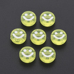 Transparent Acrylic Beads, with Glitter Powder, Flat Round with White Enamel Smile Face, Yellow, 10x5mm, Hole: 2mm(X-MACR-N008-55-D02)