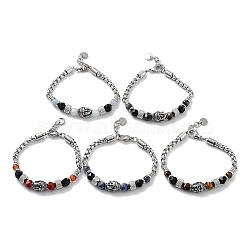Buddha Head Natural Mixed Gemstone Faceted Beaded Bracelets with 201 Stainless Steel Lobster Claw Clasps, 8-3/4 inch(22.2cm)(BJEW-Q334-10)