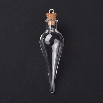 Teardrop Glass Cork Bottle Big Pendants, Glass Empty Wishing Bottle Charm, with Platimen Tone Iron Loops, Clear, 7.05cm, Hole: 2.5mm