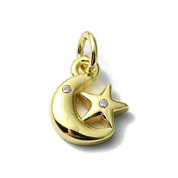 Moon Theme Brass Micro Pave Clear Cubic Zirconia Charms, with Jump Ring, Real 18K Gold Plated, Star, 11x9x2mm, Hole: 3mm