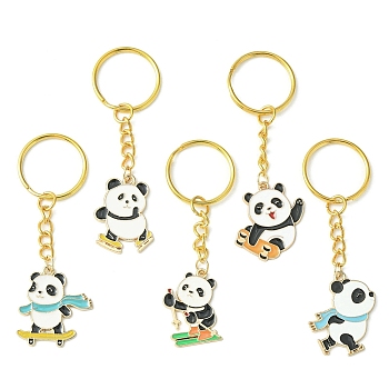 Sport Panda Alloy Enamel Pendants Keychain, with Iron Split Key Rings, Mixed Color, 8~8.2cm, 5pcs/set