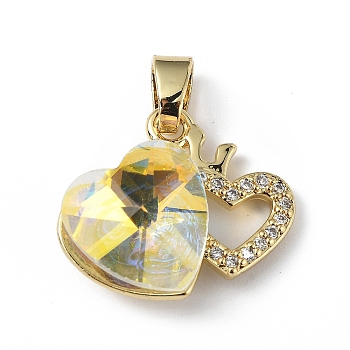 Real 18K Gold Plated Rack Plating Brass Micro Pave Clear Cubic Zirconia Pendants, with Glass, Long-Lasting Plated, Cadmium Free & Lead Free, Heart Charm, Yellow, 16x19.5x8mm, Hole: 5x3.2mm