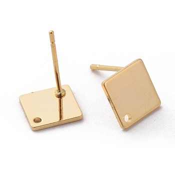 Brass Stud Earring Findings, Rhombus, Nickel Free, Real 18K Gold Plated, 11x11x1mm, Hole: 1mm, Pin: 0.7mm, Side Length: 8mm