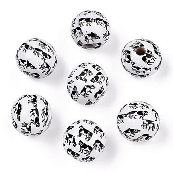 Printed Schima Wooden Beads, Round with Cow Pattern, White, 16x14.5mm, Hole: 3.8mm