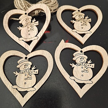 Unfinished Wood Pendant Decorations, with Hemp Rope, for Christmas Ornaments, Snowman, 7.3x6.7x0.25cm, 10pcs/bag
