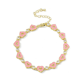 Pink Enamel Heart & Cubic Zirconia Link Chain Bracelet, Brass Jewelry for Women, Golden, 7-5/8 inch(19.4cm)