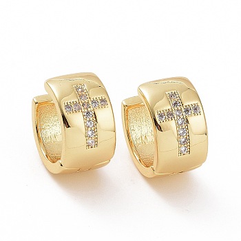 Cubic Zirconia Cross Thick Hoop Earrings, Golden Brass Jewelry for Woman, Clear, 14.5x13.5~14x8mm, Pin: 0.8mm