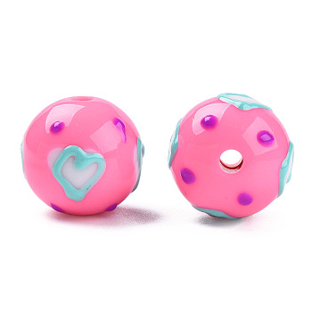 Opaque Acrylic Beads, with Enamel, Round with Heart, Hot Pink, 15.5~16x15mm, Hole: 2.5mm
