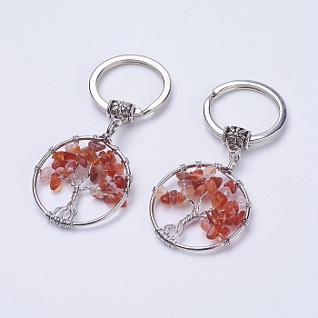 Natural Carnelian Keychain, with Iron Key Rings and Brass Finding, Flat Round with Tree of Life, 65~67mm, 36x29x5~8mm