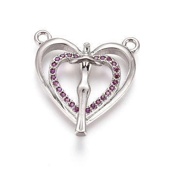 Brass Micro Pave Cubic Zirconia Links connectors, Heart with Human, Deep Pink, Platinum, 19.5x17.5x3mm, Hole: 1.4mm