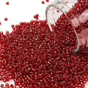 TOHO Round Seed Beads, Japanese Seed Beads, (25B) Silver Lined Siam Ruby, 15/0, 1.5mm, Hole: 0.7mm, about 15000pcs/50g