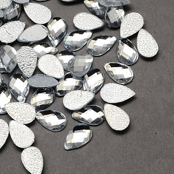 Transparent Faceted teardrop, Acrylic Hotfix Rhinestone Flat Back Cabochons for Garment Design, White, 10x6x2mm, about 5000pcs/bag