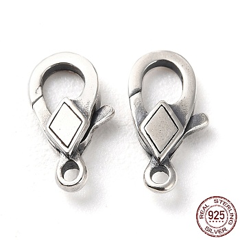 925 Thailand Sterling Silver Lobster Claw Clasps, Rhombus, Antique Silver, 11x5.5x2mm, Hole: 1.2mm