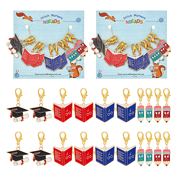 Graduation Theme Alloy Enamel Book & Pencil & Doctoral Cap Pendant Locking Stitch Markers, Zinc Alloy Lobster Claw Clap Stitch Marker, Mixed Color, 4~4.2cm, 5 style, 2pcs/style, 10pcs/set