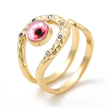Resin Evil Eye Open Cuff Ring with Cubic Zirconia, Real 18K Gold Plated Brass Wire Wrap Jewelry for Women, Crimson, Inner Diameter: 18mm