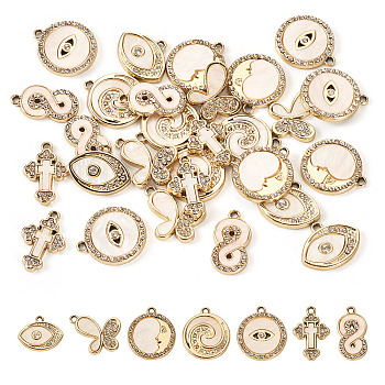 28Pcs 7 Styles Alloy Pendants, with Shell and Rhinestone, Cadmium Free & Lead Free, Mixed Shapes, 15.5~20.5x11~19x2~3mm, Hole: 1.5~1.6mm, 4pcs/style