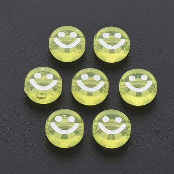 Transparent Acrylic Beads, with Glitter Powder, Flat Round with White Enamel Smile Face, Yellow, 10x5mm, Hole: 2mm