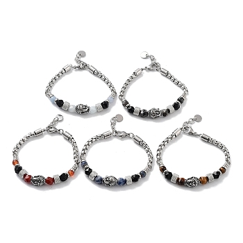 Buddha Head Natural Mixed Gemstone Faceted Beaded Bracelets with 201 Stainless Steel Lobster Claw Clasps, 8-3/4 inch(22.2cm)