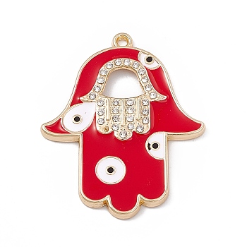 Alloy Enamel Pendants, with Crystal Rhinestone, Hamsa Hand with Evil Eye Charms, Light Gold, Red, 38.5x31x2.5mm, Hole: 1.6mm