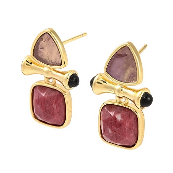 Ion Plating(IP) Natural Amethyst and Natural Rhodonite Stud Earring Findings, with Golden Plated Brass Findings, Square, 25x16mm