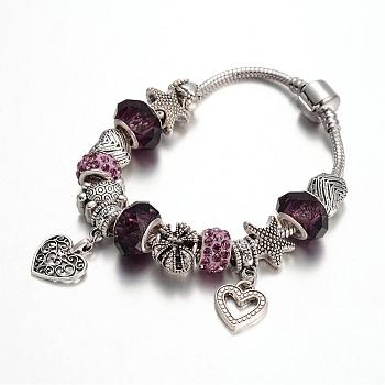 Alloy Rhinestone Bead European Bracelets, with Glass Beads and Brass Chain, Indigo, 190mm